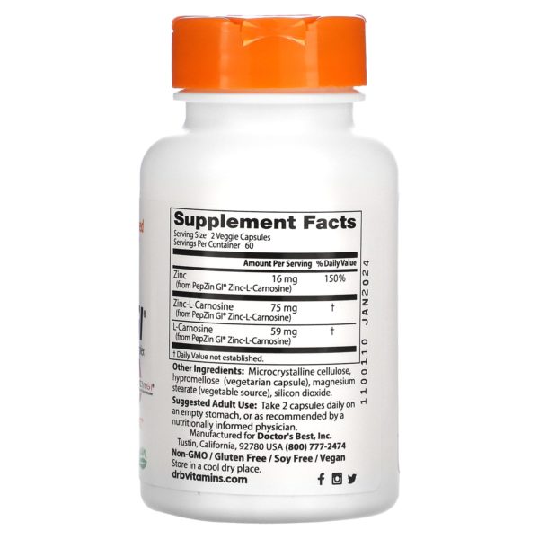 Doctor's Best, PepZin GI, Complejo de zinc-L-carnosina, 120 cápsulas vegetales - Imagen 2