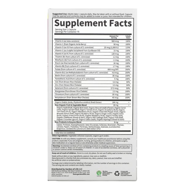 Garden of Life, Vitamin Code, RAW One, Suplemento multivitamínico de una ingesta diaria para mujeres, 75 cápsulas vegetales - Imagen 2