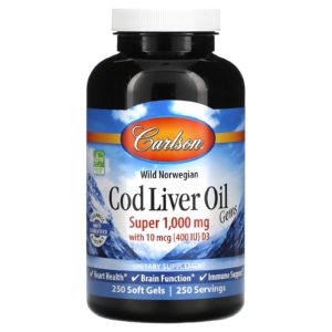 Carlson, Gems con aceite de hígado de bacalao salvaje de origen noruego, Súper, 1000 mg, 250 cápsulas blandas