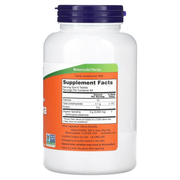 NOW Foods, Espirulina orgánica certificada, 500 mg, 500 comprimidos - Imagen 2