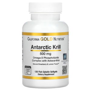 California Gold Nutrition, Aceite de kril antártico, Complejo de fosfolípidos de omega-3 con astaxantina, Sabor natural a fresa y limón, 500 mg, 120 cápsulas blandas de gelatina de pescado
