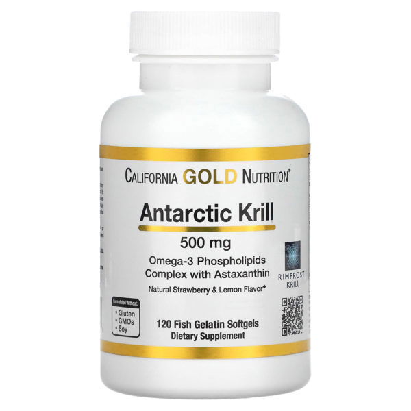 California Gold Nutrition, Aceite de kril antártico, Complejo de fosfolípidos de omega-3 con astaxantina, Sabor natural a fresa y limón, 500 mg, 120 cápsulas blandas de gelatina de pescado