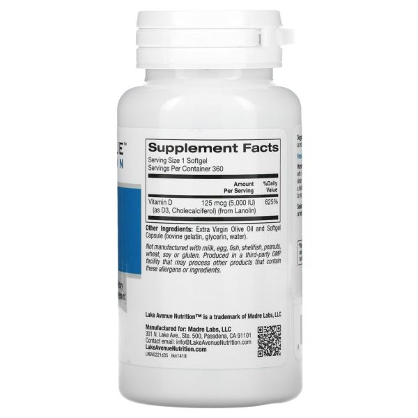 Lake Avenue Nutrition, Vitamina D3, 125 mcg (5000 UI), 360 cápsulas blandas - Imagen 2