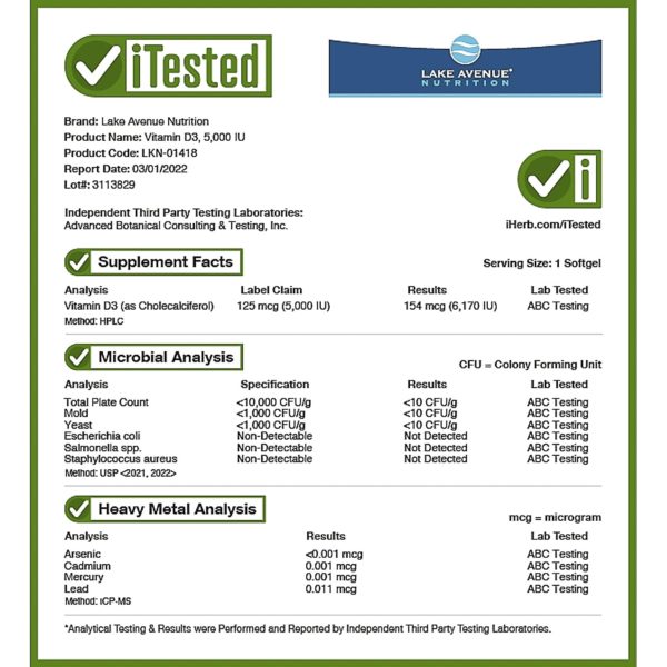 Lake Avenue Nutrition, Vitamina D3, 125 mcg (5000 UI), 360 cápsulas blandas - Imagen 4