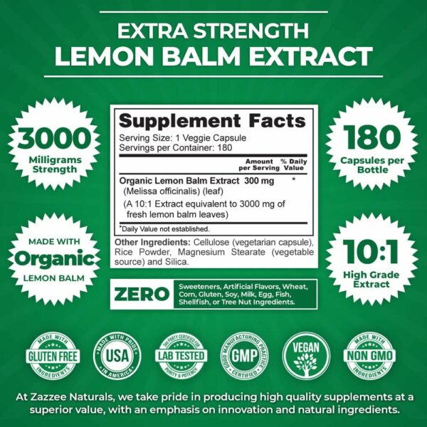 Zazzee Organic Lemon Balm, 3000 mg, 180caps  - Imagen 4