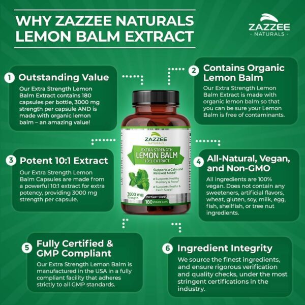 Zazzee Organic Lemon Balm, 3000 mg, 180caps  - Imagen 3
